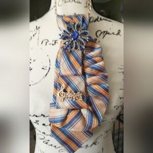 Blue and Orange Plaid Hair Scarf with Decorative Brooch
